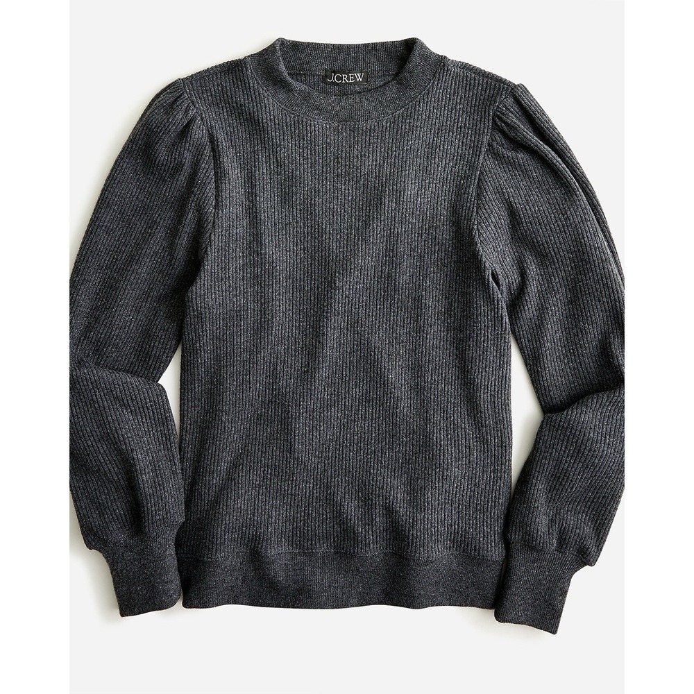 J Crew Womens SM Sweater Brushed Ribbed Puff‎ Sleeve Crewneck Grey Knit Long Slv